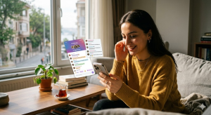 Modern bir odada, elindeki akıllı telefondan gülümseyerek mesajlaşan genç bir kadın resmi.